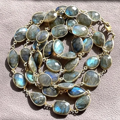 Gorgeous Top Quality Flashy Blue Labradorite Gold Sterling Chain Necklace - Image 1 of 4