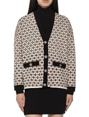 Maje Monasty Graphic-Print Woven Cardigan Sweater Buttons V-neck Pockets Sz 1 - Image 1 of 4