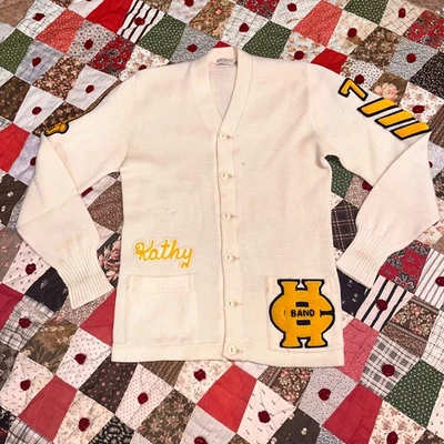 Cardigã suéter vintage anos 60 Varsity Band Letterman 38 Nelson lã tricô  - Imagem 1 de 4