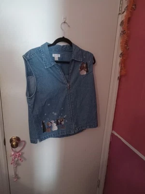 Women's Vintage Christmas Bear Embroidered Denim Teacher Vest - Image 1 of 4