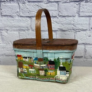 VTG Wood Woven Basket Purse Hand Painted Signed Double Hinge Colonial Village - Picture 1 of 11