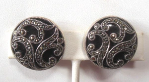 Vintage 925 Sterling Onyx Marcasite Clip-on Earrings Round 1" diameter - Picture 1 of 2