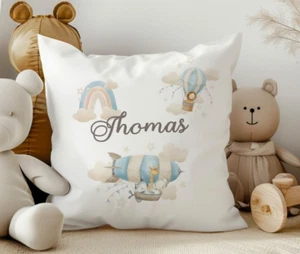 Personalised Kids Blue Hot Air balloon cushion, unique bedroom item, - Picture 1 of 2