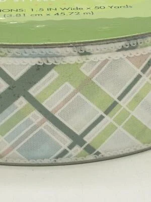 50 Yds. GREEN & WHITE DIAGONAL PLAID WIRE EDGE RIBBON 1 1/2" Wide - Image 1 of 3