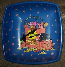 Halloween Trick or Treat Blue Square Candy Bowl Bat-Black Cat-Jack O Lantern 10"