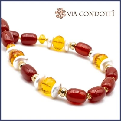 Collana in pietre dure naturali Argento 925 placcato oro Corniola Citrino Perle - Immagine 1 di 4