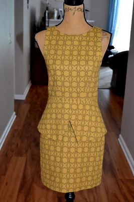 Tibi 青铜黄色/黑色几何无袖棉质薄纱紧身连衣裙,尺寸 2 — 第 1/4 张图片