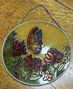 Stained glass Suncatcher flower butterfly vintage 4.5" - Picture 1 of 4