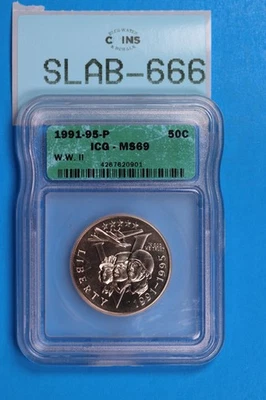 1991-95 P WORLD WAR 2 II CLAD HALF DOLLAR ICG MS69 SLAB-666 - Image 1 of 2