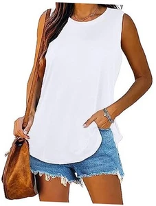 Womens Tank Tops Summer T Shirts Sleeveless Casual Loose Large A Solid White - Picture 1 of 7