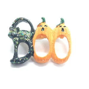 Vintage Halloween BOO Pin Black Cat And Pumpkin Face Glitter Holiday Plastic - Picture 1 of 3