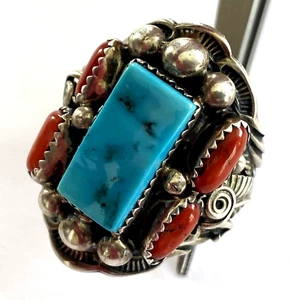 Natural Turquoise Red Coral Apachito Navajo Men's Tribal Ring Sterling Size 10.5 - Picture 1 of 21