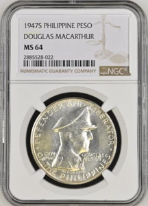 :1947-S S1-PESO PHILIPPINES DOUG MACARTHUR NEAR-GEM NGC MS64 RARE R3 HIGH-GRADES - Picture 1 of 2