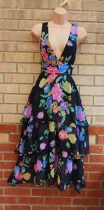TOPSHOP BLACK MULTI COLOUR FLORAL RUFFLE PINAFORE PLUNGE A LINE MIDI DRESS 6 8 - Picture 1 of 11