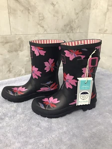 Joules MOLLY Pull On Mid-Calf Rain Boots Navy Pink Floral Print NEW size 7 - Picture 1 of 6