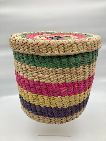 Vintage Mexican Storage Basket Hand Woven Straw Colorful w/Lid 9.5" H x 10" D Cover
