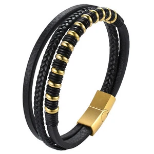 Mens Multi-layer Braided Leather Stainless Steel Magnetic Buckle Bracelet Bangle - Picture 1 of 21