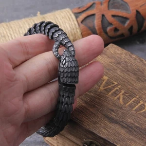 Viking Snake Scale Bracelet – Nordic Serpent in Dark Stainless Steel + Free Box - Picture 1 of 8