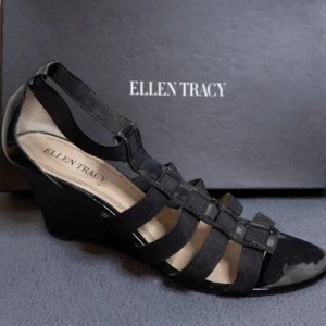 ELLEN TRACY Janson Black Patent Leather Stretchy Wedge Heels Sz 8.5 - Picture 1 of 6