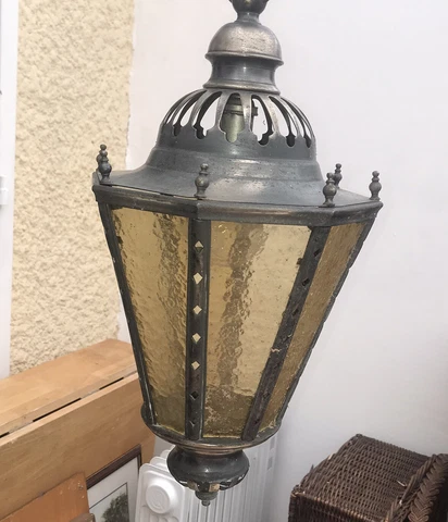 French Lantern Antique Pendant Ceiling Light Fixture Porch Amber Glass Metal Cover