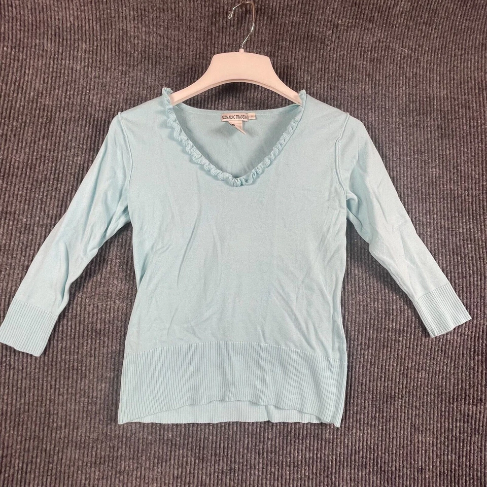 Nomadic Traders Sweater Womens Small S Blue Cotton Fringe Lightweight Comfort - Image 1 of 4