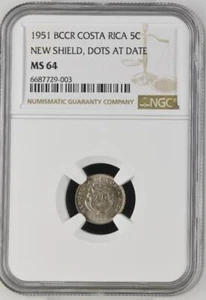 Costa Rica 5 Centimos 1951 BCCR New Shield, Dots at Date NGC MS 64 - Picture 1 of 2