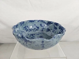 Vintage Bybee Pottery Blue Spongeware Scalloped Ruffled Edge 8" Bowl - Picture 1 of 11