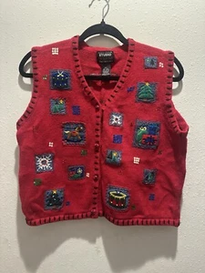 Vintage 90s Petite Large UGLY Red Christmas Sweater Vest Patchwork Granny Core - Picture 1 of 15