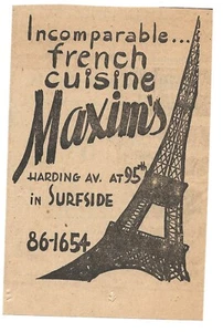 MIAMI FL 1953 Maxim’s French Cuisine Restaurant Newspaper Ad-Surfside FL -Eiffel - Picture 1 of 2