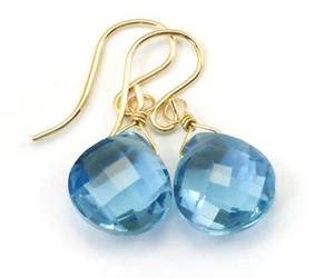 14k Gold London Blue Simulated Topaz Earrings Facet Sterling Silver Teardrops - Picture 1 of 4