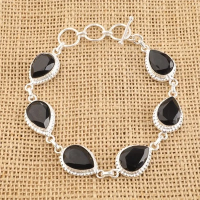 925 Silver Black Onyx Gemstone Engagement Sister Cyber Monday New Chain Bracelet - Image 1 of 4