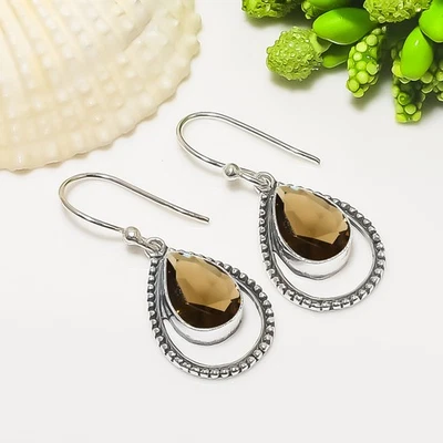 Smoky Quartz Gemstone Solid 925 Sterling Silver Drop Dangle Bride Earring, V7533 - Image 1 of 4