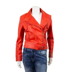 Feminin Touch Women's Red Distressed Leather Slim Fit Motorcycle Jacket - Picture 1 of 4