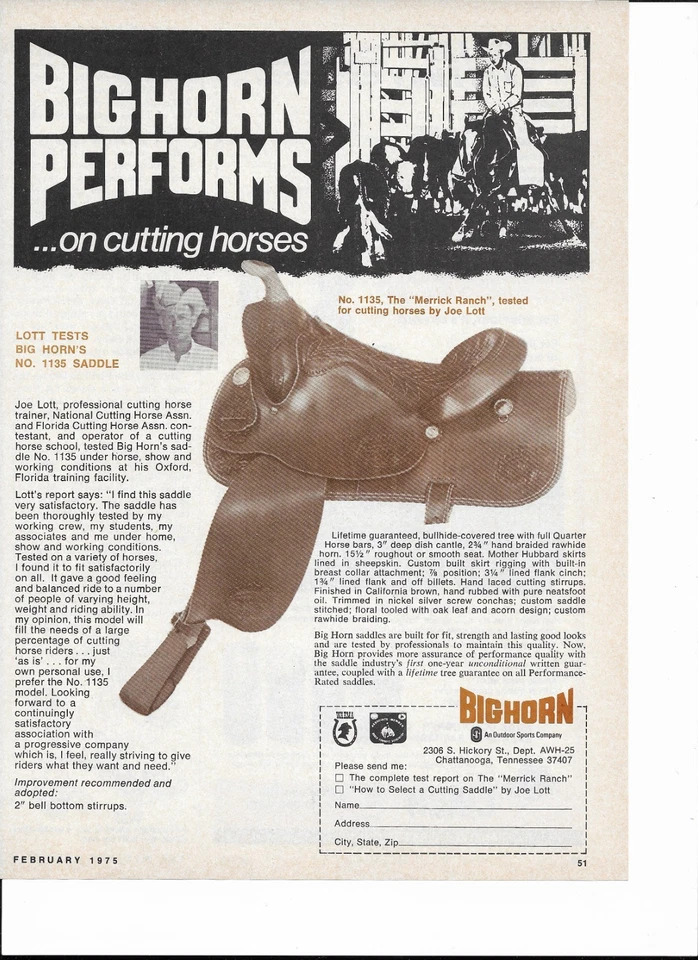 1975 Big Horn Saddle No. 1135 Joe Lott Vintage  Print Ad - Image 1 of 1
