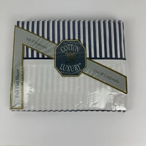 Sábana plana vintage de algodón de lujo azul marino a rayas blanco liso tamaño completo - Imagen 1 de 5