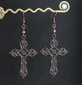 Large Gothic Copper Cross and Bead Dangly Earrings in Gift Bag - Madonna Emo - Picture 1 of 9