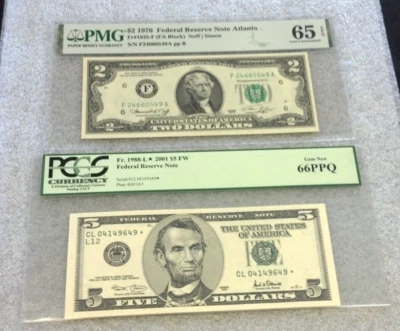 2001 $5 STAR FRN PCGS 66 PPQ & $2 1976 PMG 65 EPQ (2927) - Image 1 of 2