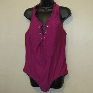 LIVI Active Lane Bryant Dark Magenta Lace Up Plunge Ruffle One Piece Swimsuit 14 - Picture 1 of 4