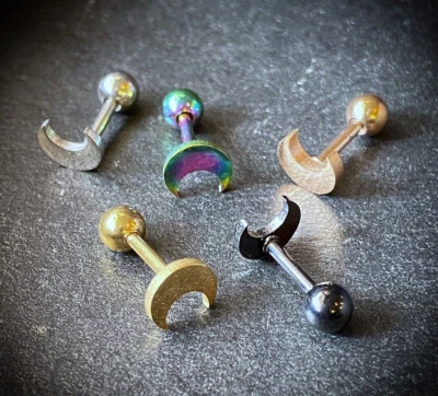 Pendiente de barra de cartílago Tragus hélice superior lunar plana de acero quirúrgico 316L 1 pieza  Foto 1 de 4