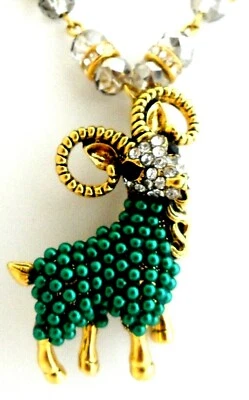 Ram Pendant Necklace Green Faux Pearl Cabochons Ant. Gold Baroque Animal Figural - Изображение 1 из 4