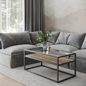 Glass Display Top Coffee Table with Steel Frame Reversible Wooden Storage Shelf - Picture 1 of 2