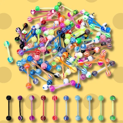 100 anillos de lengua acrílicos 14G, barras flexibles, paquete de piercing multicolor Foto 1 de 4