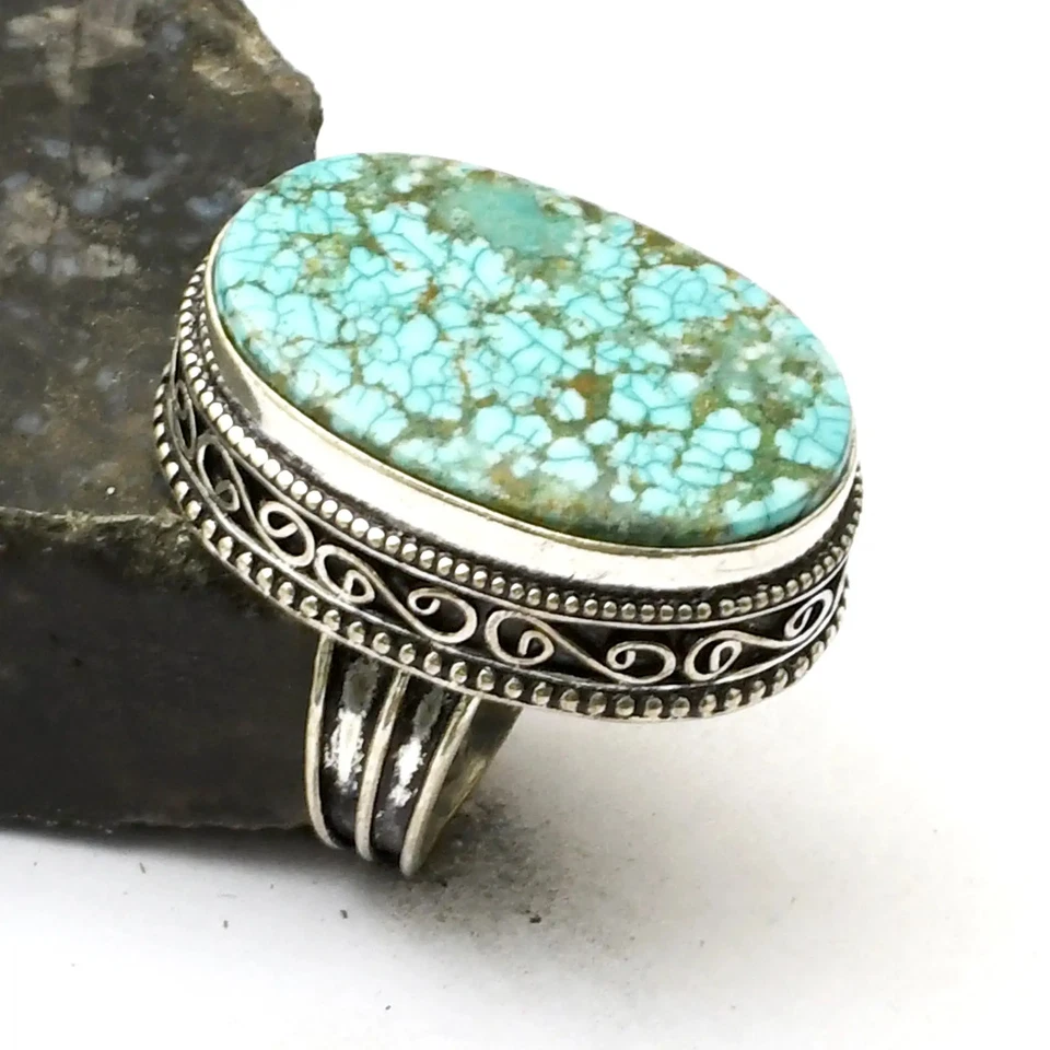 Turquoise Gemstone Handmade Antique Design Ring Jewelry US Size-6.75 AR 32516 - Image 1 of 1