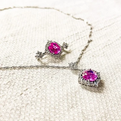 Sterling Silver Necklace & Brooch Set - CZ & Lab Created Pink Sapphire - Image 1 of 4