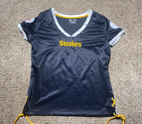 Womens PITTSBURGH STEELERS EMBELLISHED LACE TIE FITTED JERSEY TEE SIZE MEDIUM Cover