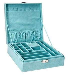 Two-Layer Jewelry Box Organizer Display Storage case with Lock () Blue - Picture 1 of 7