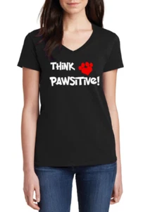 Damen-T-Shirt V-Ausschnitt Think Pawsitive Hund Katze Mama Pfoten positives Geschenk Weihnachten - Bild 1 von 3