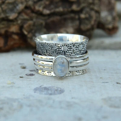 Anillo giratorio de piedra lunar de plata de ley 925 hecho a mano para mujer joyería de regalo EM-531 Foto 1 de 4