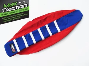FUNDA DE ASIENTO ACANALADO HONDA CRF250R 2014-17 AZUL ROJO + COSTILLAS BLANCAS A RAYAS MXG - Imagen 1 de 3