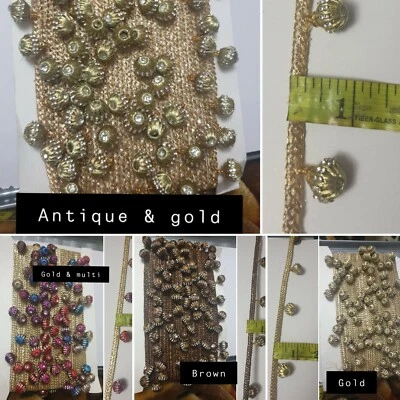 1 yard Metallic zari lace with Diamante Pom Pom Balls Trim (Many colours) - Image 1 of 4